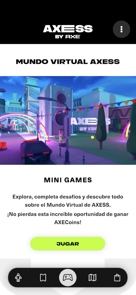 AXESS by AXE app screen showing the virtual world and a button to play mini games for rewards