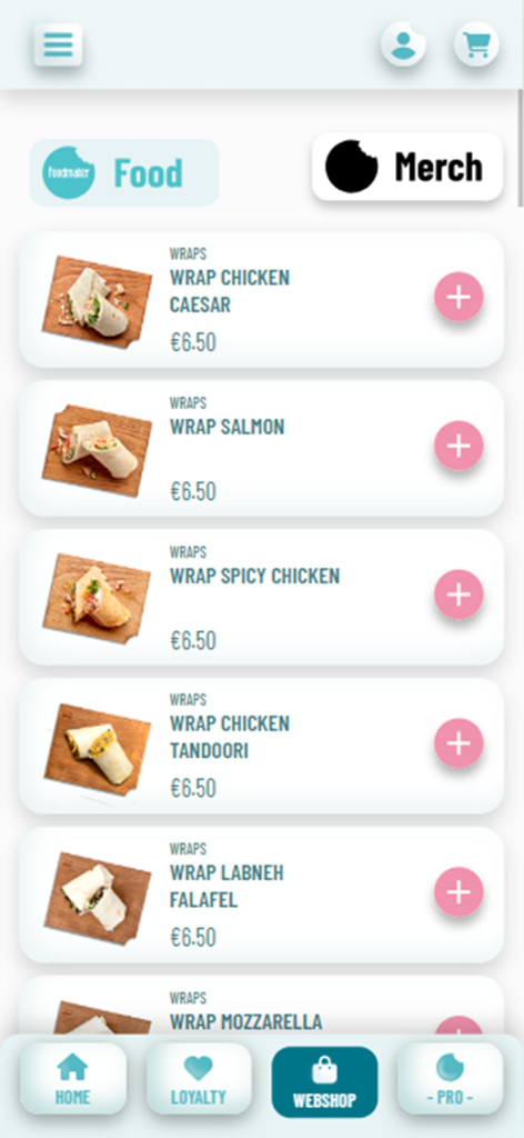 Foodmaker - A menu screen of the Foodmaker app showing a variety of healthy wraps with prices and add to cart buttons