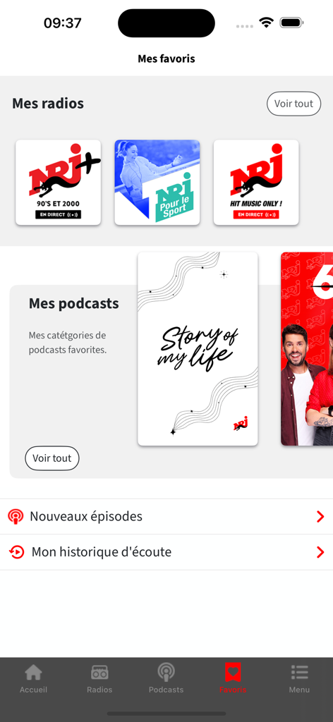 NRJ Belgique - NRJベルギーアプリのインターフェイス。保存されたラジオ局とポッドキャストが表示されるお気に入りセクション。