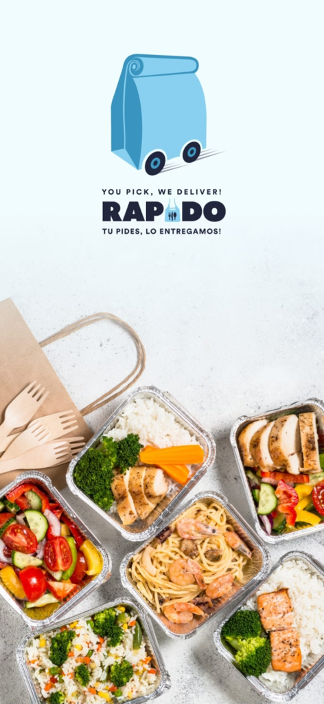 Rapido App - Rapido App logo with various healthy takeout meal boxes