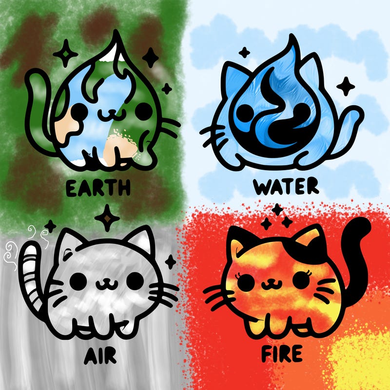 4 cats that represent the different elements, earth, water, air, and fire