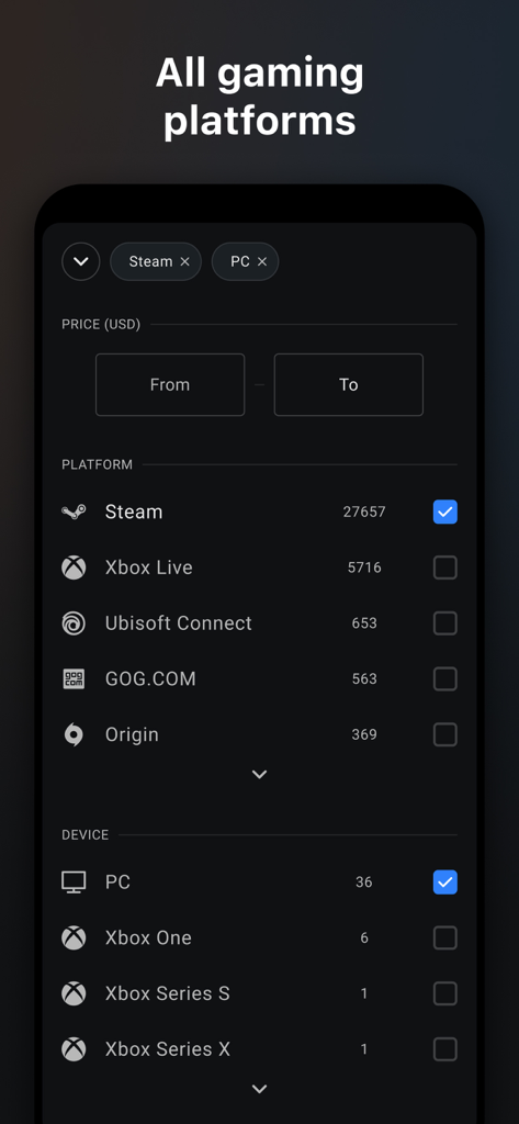 G2A App Filtermenü mit Spieleplattformen und Preisoptionen.