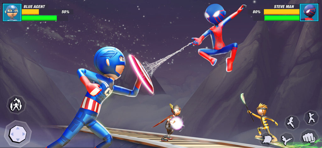 A battle scene in Stick Fight Karate Warriors featuring superhero-inspired stickman characters fighting on train tracks.