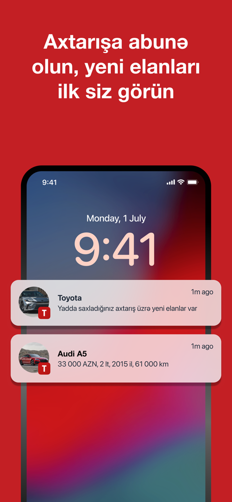 iPhone lock screen showing Turbo az push notifications for new car listings including Toyota and Audi A5