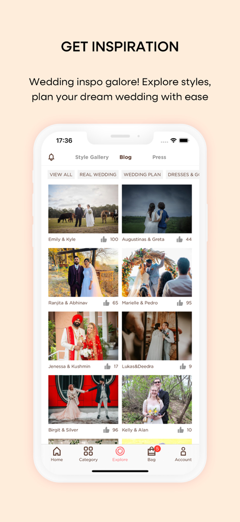 Aplicación móvil de JJ's House mostrando un blog con fotos de bodas reales e historias de inspiración de clientes.