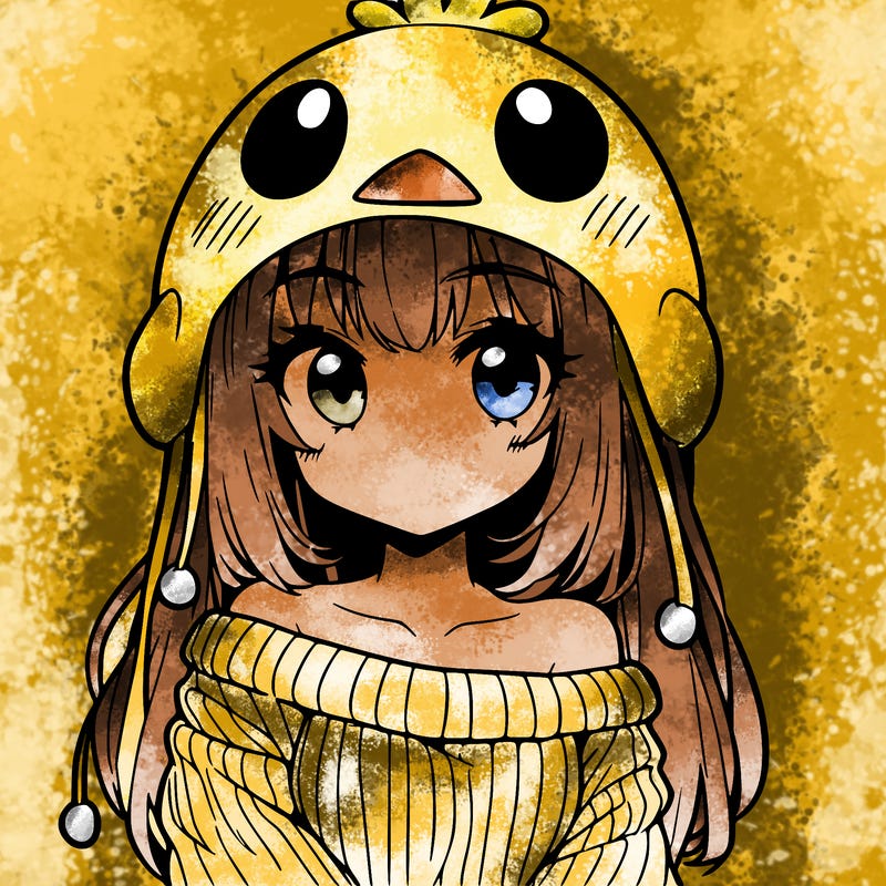 anime girl with chick shaped hat with sweater with bare shoulders with bangs covering them one eye with low tail