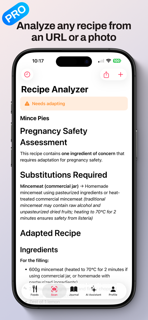 MomEats - Pregnancy Food Safe - MomEats AI recipe analyzer interface showing a pregnancy safety assessment and ingredient substitutions for a recipe.