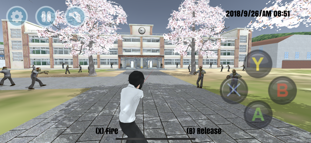 Anime character fighting zombies in a high school yard with cherry blossom trees