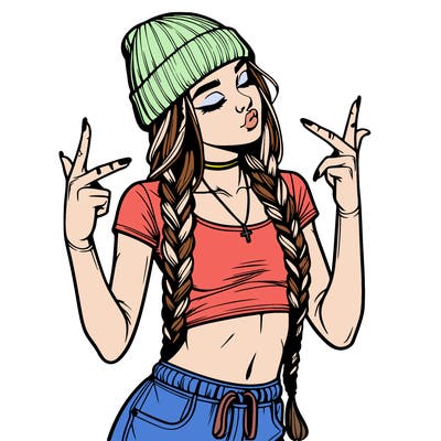 realistic teenage girl with braids and a beanie and crop top doing 🫶🏼