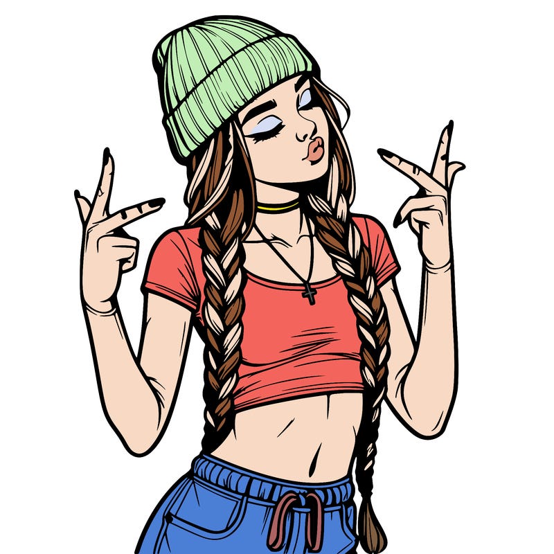 realistic teenage girl with braids and a beanie and crop top doing 🫶🏼