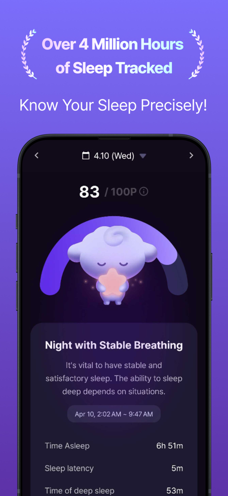 Sleep Routine: Tracker&Alarm - Screenshot der Sleep Routine App, der einen Schlaf-Score von 83 von 100 mit detaillierten Schlafmetriken wie Schlafdauer und Tiefschlafphasen anzeigt.