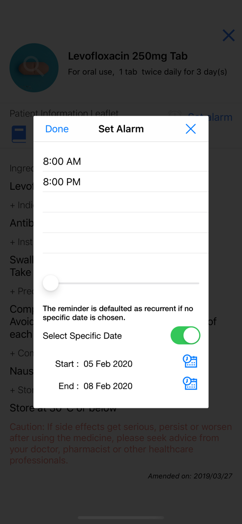 Configuração de um alarme de medicação na interface da aplicação móvel Union Hospital