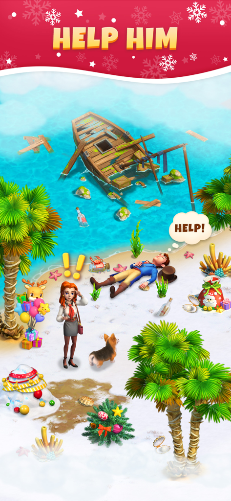 Sarah's Adventure: Time Travel - Sarah y su perro descubren a un hombre inconsciente cerca de un naufragio en una playa tropical nevada.