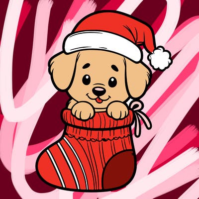 cute puppy wearing santa hat in socking
