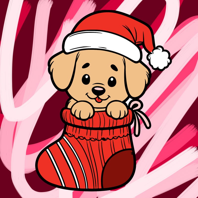 cute puppy wearing santa hat in socking