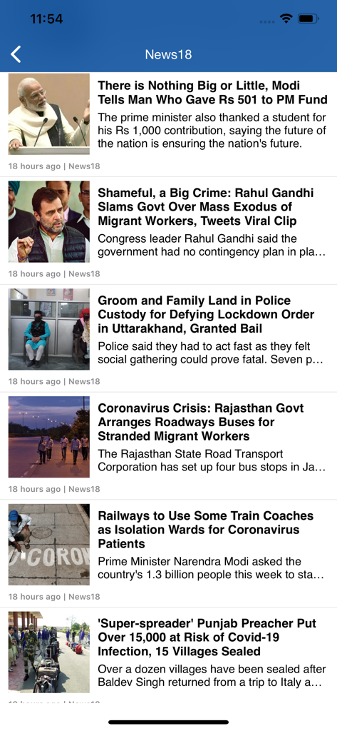 Breaking News India app news feed displaying headlines from News18