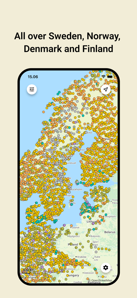 Vildnis - Interactive map of Scandinavia showing thousands of wilderness shelters and campsites in the Vildnis app.