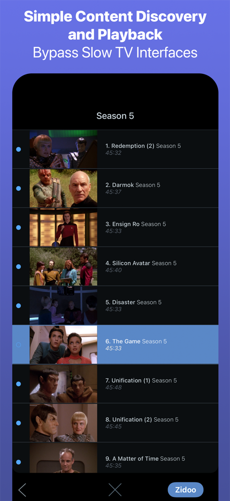 Roomie Remote app displaying a TV series episode guide for easy media discovery and playback control