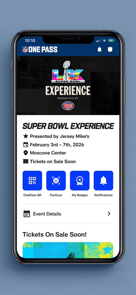 Interface of the NFL OnePass app showing the Super Bowl Experience event schedule and navigation buttons for QR codes and badges.