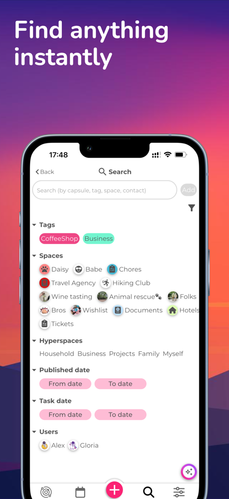 Glim: Social Space - Glim app search screen showing tags spaces and hyperspaces filters