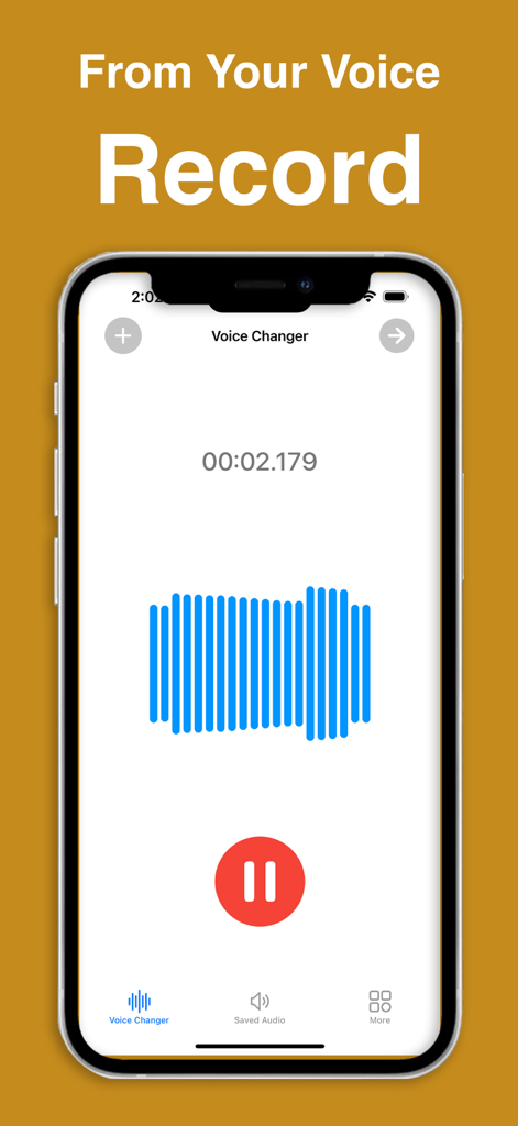 青い波形と赤い一時停止ボタンが表示された音声録音画面