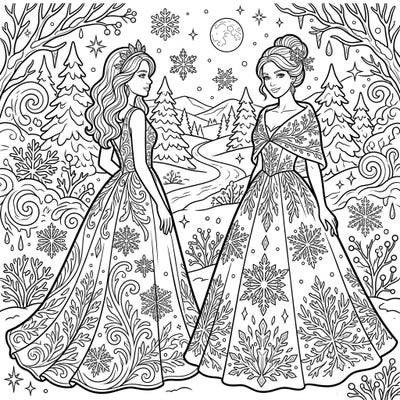 Dive into a world of elegance and frost with this enchanting coloring page. Featuring two women in exquisite evening gowns decorated with delicate snowflakes, set against a magical winter wonderland backdrop, it's perfect for a creative escape.