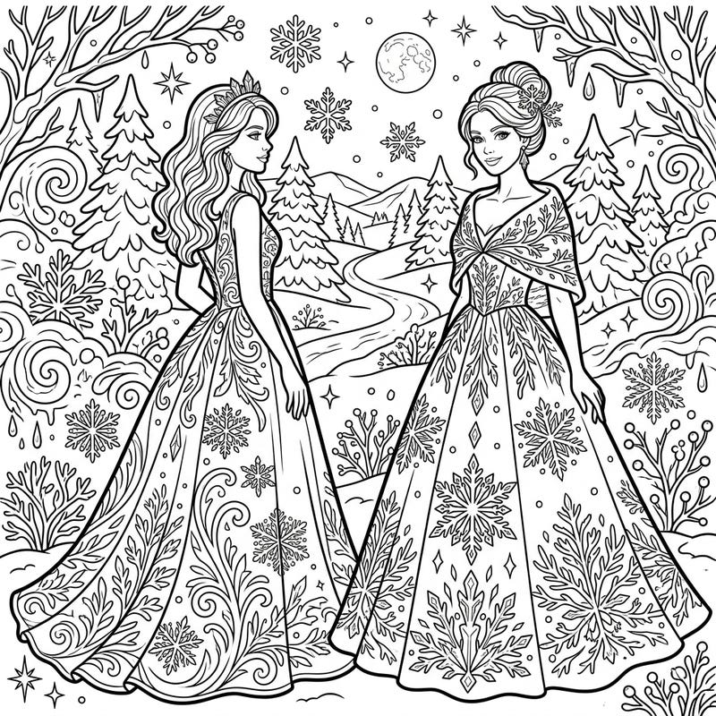 Dive into a world of elegance and frost with this enchanting coloring page. Featuring two women in exquisite evening gowns decorated with delicate snowflakes, set against a magical winter wonderland backdrop, it's perfect for a creative escape.