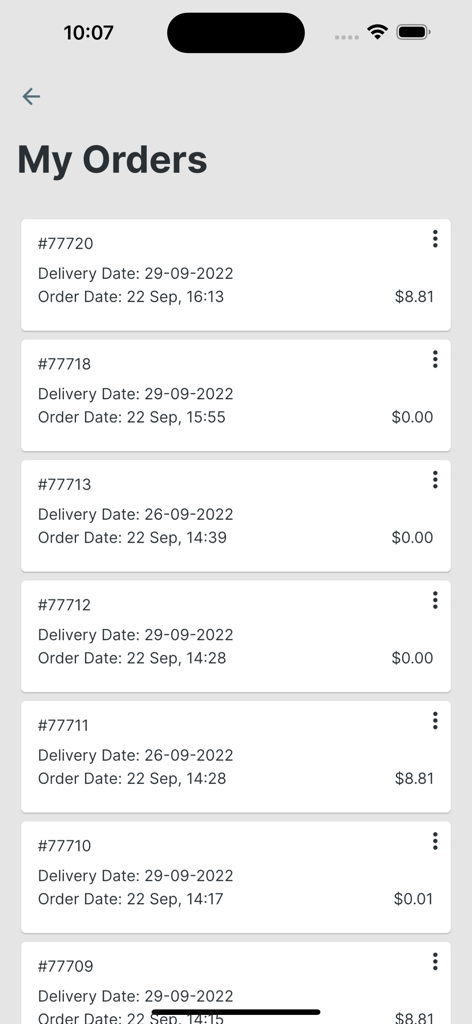 Eat Clean Chicago - The My Orders screen in the Eat Clean Chicago app showing a list of past meal orders with delivery dates and pricing