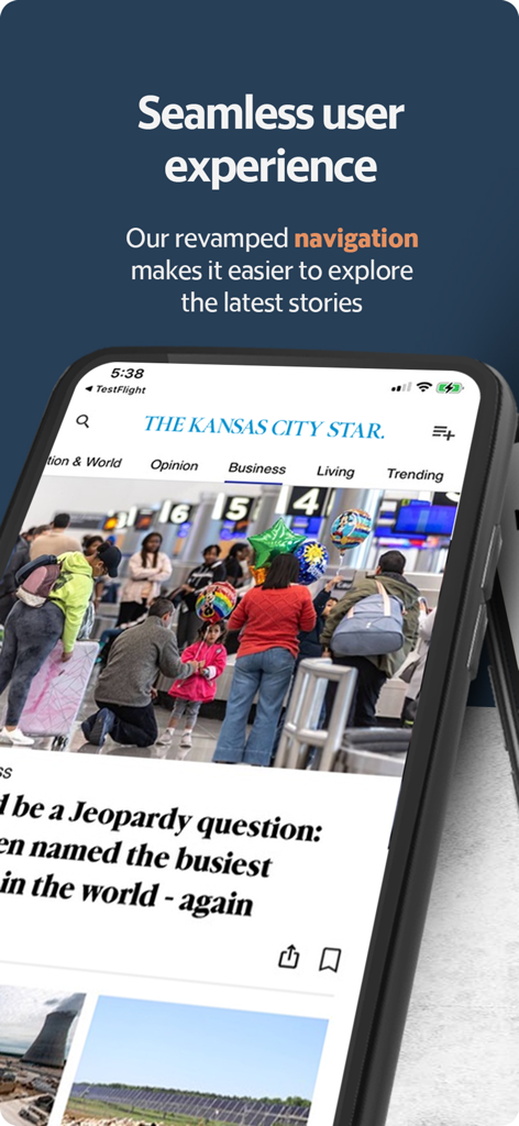 Kansas City Star News app interface showing revamped navigation menu and latest news stories