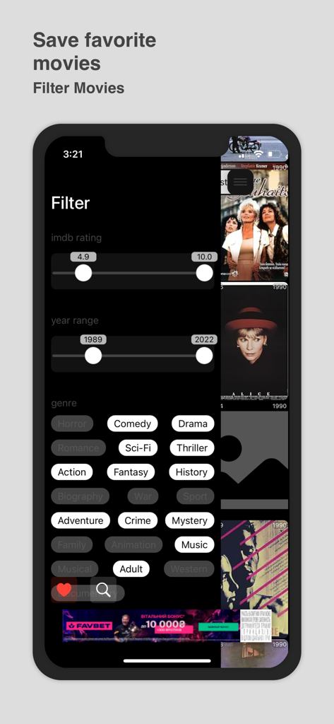 Random Movie Generator - Oberfläche der App Zufälliger Filmgenerator mit Filtern für IMDb-Bewertungsjahresbereich und Filmgenres