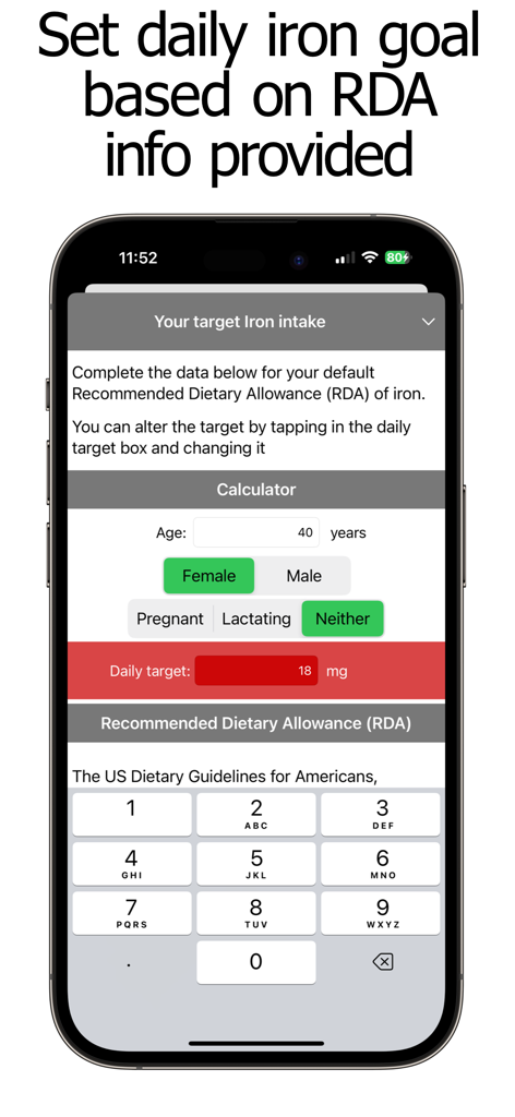 Iron Counter and Tracker - Iron Counter and Tracker app screen for setting a daily iron intake goal based on age and gender RDA