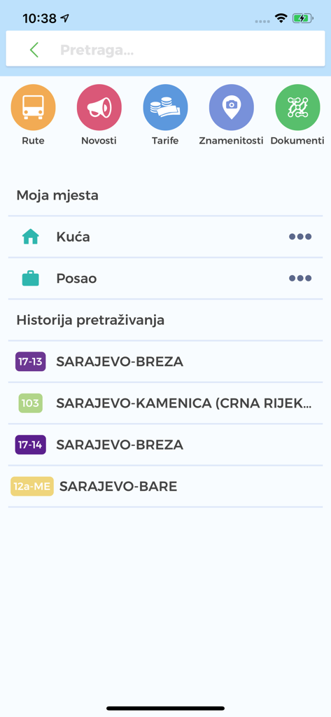 Écran d'accueil de l'application mobile Centrocard montrant les icônes du menu de transport et l'historique de recherche d'itinéraires de bus à Sarajevo