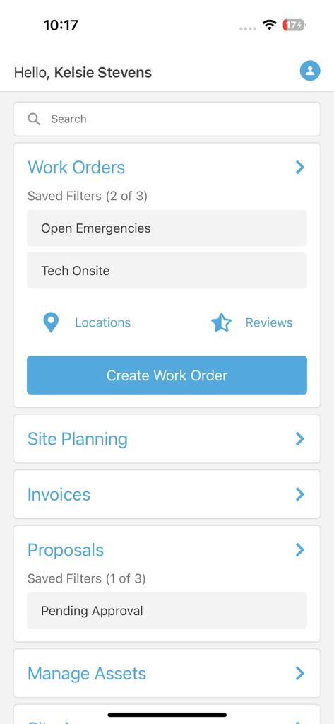 ServiceChannel - ServiceChannel app dashboard showing work orders site planning and proposals categories