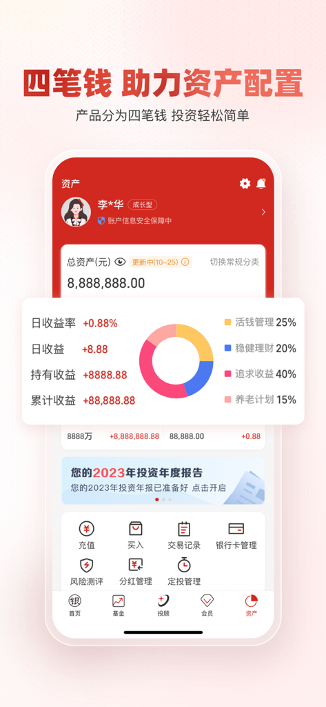 Yinhua Shenglibao app interface showing the Four Pens of Money asset allocation dashboard with a pie chart