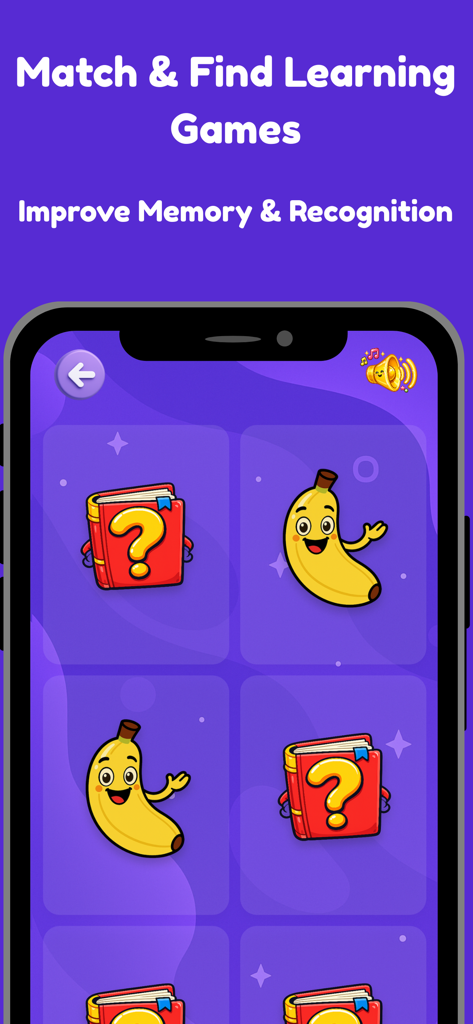 MiaLoo: Toddler Learning Games - Pantalla de juego de aprendizaje para niños que muestra una actividad de emparejamiento de memoria con plátanos de dibujos animados y libros.