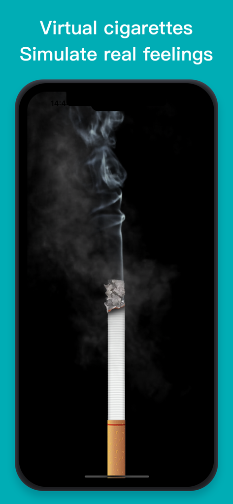 A smartphone screen displaying a virtual cigarette simulation with realistic smoke.