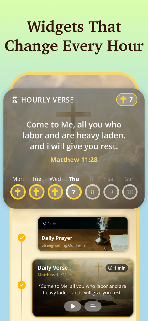 Bible Path: Prayers & Widgets - 聖書パスアプリのインターフェイス。hourly scripture widget と毎日の祈りのオプションが表示されています。