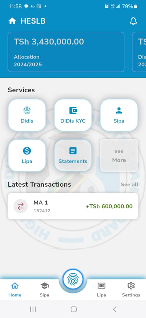 HESLB Tanzania app dashboard showing loan allocation balance and service icons