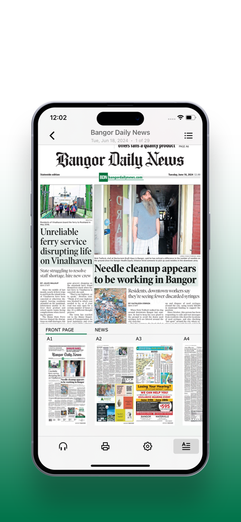 BDN e-edition - A smartphone displaying the digital e-edition of the Bangor Daily News with local headlines and page navigation previews.