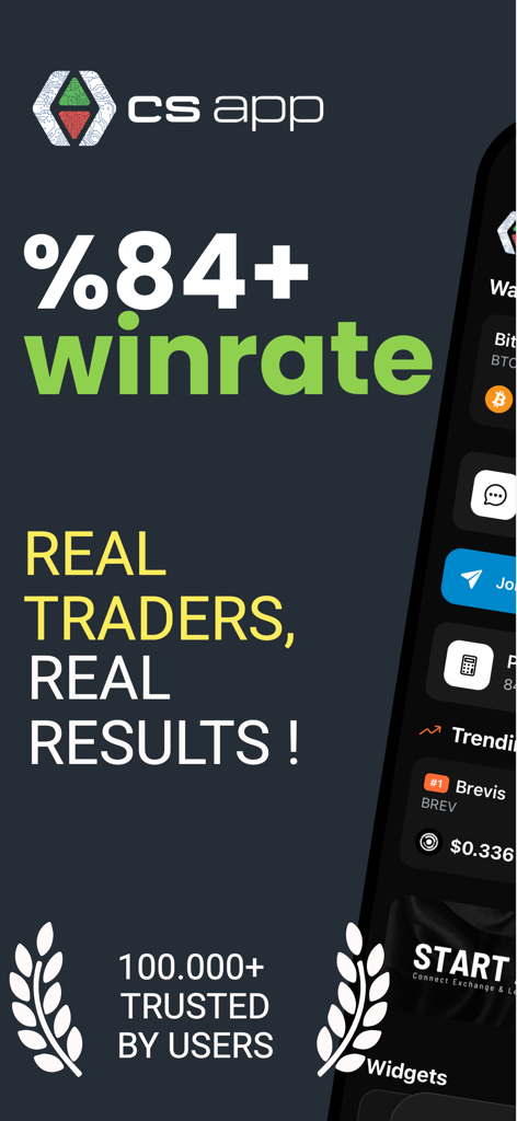 Crypto Signals & Trade Signals - Aplicativo de sinais de cripto mostrando alta porcentagem de vitórias e estatísticas de confiança do usuário