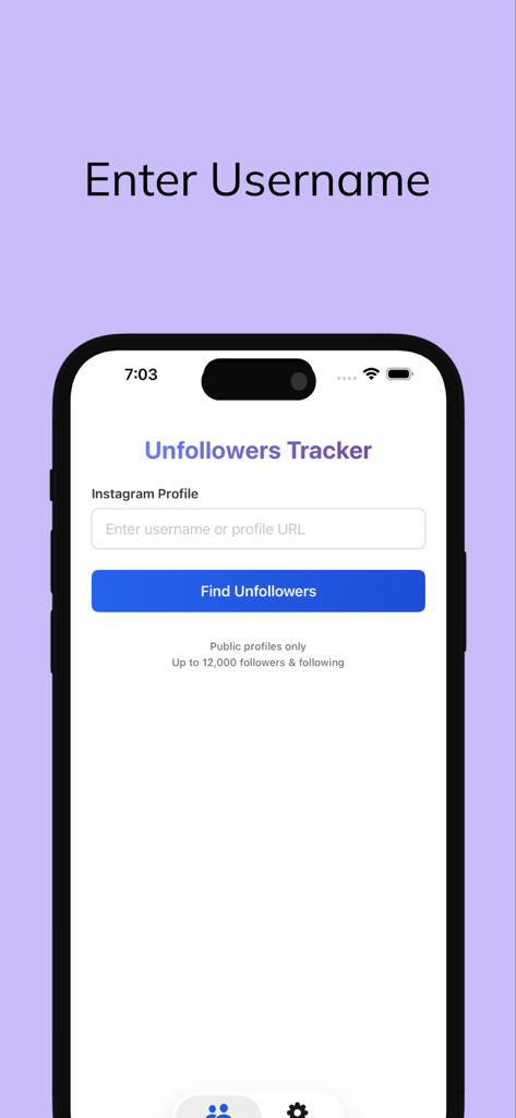 SocialUtils - Unfollowers - Smartphone screen showing the SocialUtils Unfollowers Tracker interface with a field to enter an Instagram username.