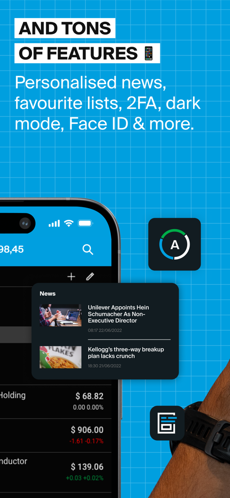 DEGIRO app interface showcasing personalized news, favorite lists, and security features like 2FA and Face ID