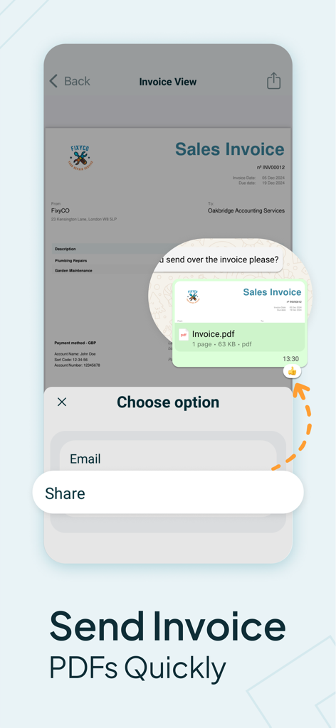 A mobile app interface showing a professional PDF invoice ready to be shared via email or text.