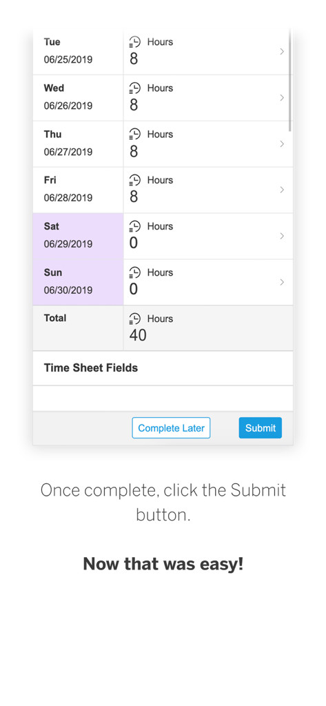 Weekly timesheet summary in the SAP Fieldglass Time Entry mobile app with a submit button