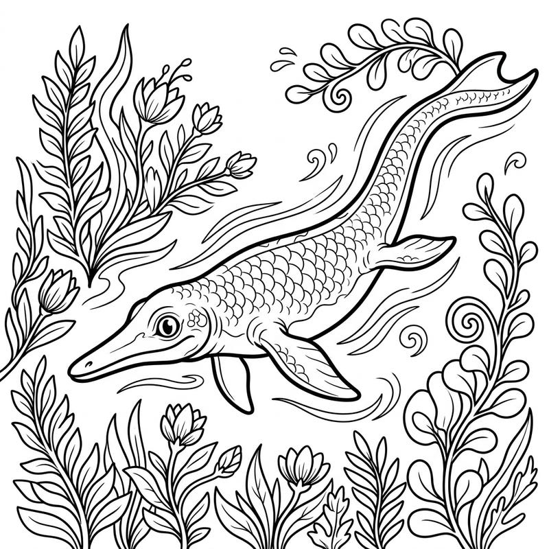 Discover the ancient world with this delightful Besanosaurus coloring page, perfect for kids. Watch as this friendly Triassic ichthyosaur explores vibrant spring-themed aquatic flora.