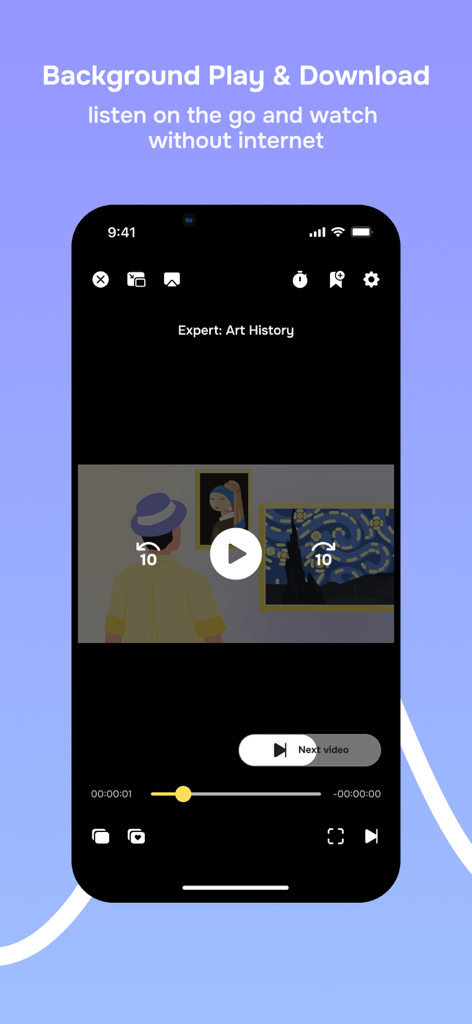 Interfaz de reproductor de video móvil para el curso de historia del arte con reproducción en segundo plano y opciones de descarga sin conexión.