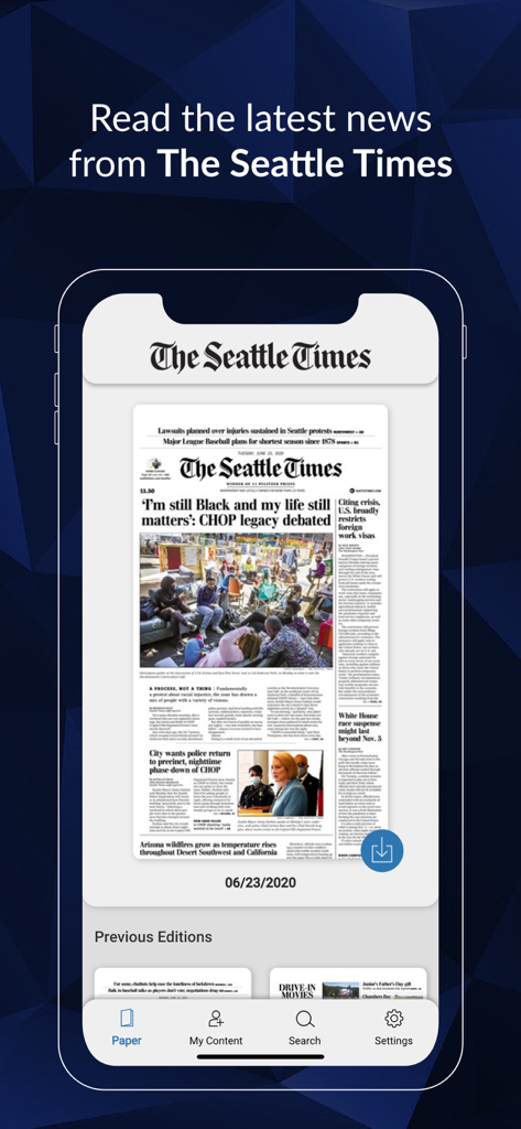 The Seattle Times Print Replica app interface showing a digital replica of the daily newspaper front page on a mobile device.