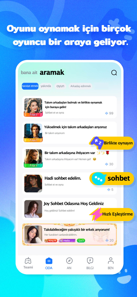Teami：Team up & Play - Interfaz de la aplicación Teami que muestra una lista de jugadores y salas de chat sociales para gamers