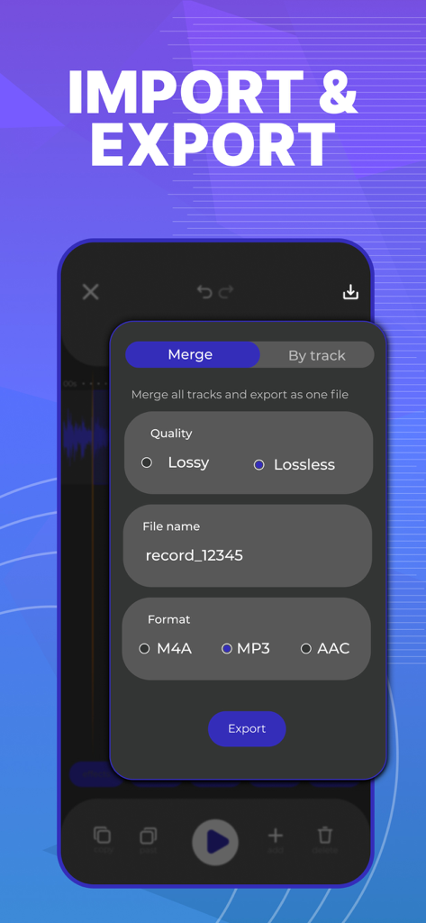 Audio Editor - AudioLab, Mixer - AudioLab app export screen showing options for file name quality and format