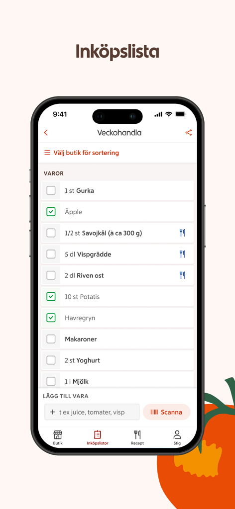 ICA – recept och erbjudanden - Smartphone screen showing a digital shopping list in the ICA mobile app